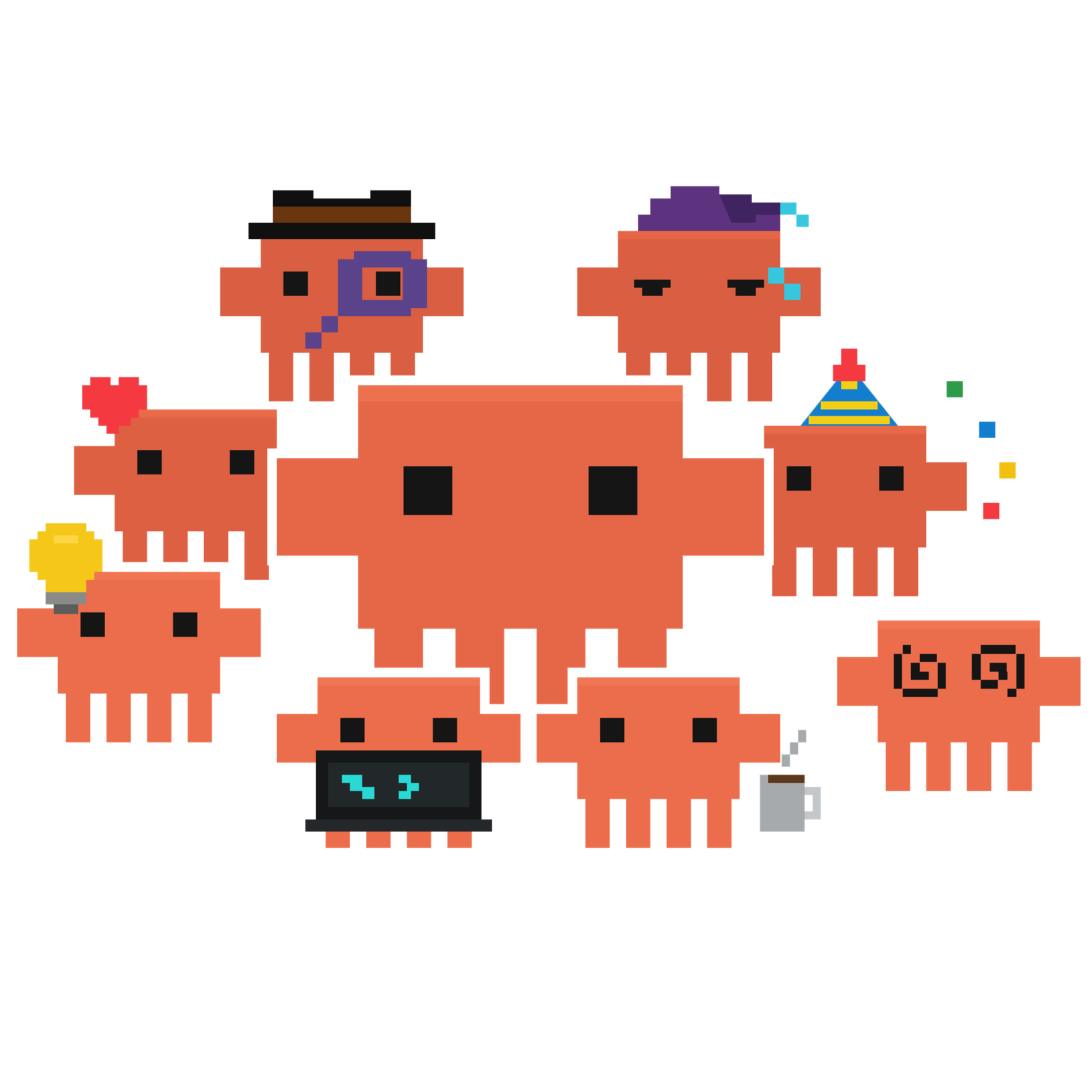 Os mascotes do Claude Code: figuras laranjas de pixel art, uma de chapéu com lupa, outra de chapéu de festa, outra com um laptop, outra com uma xícara de café.